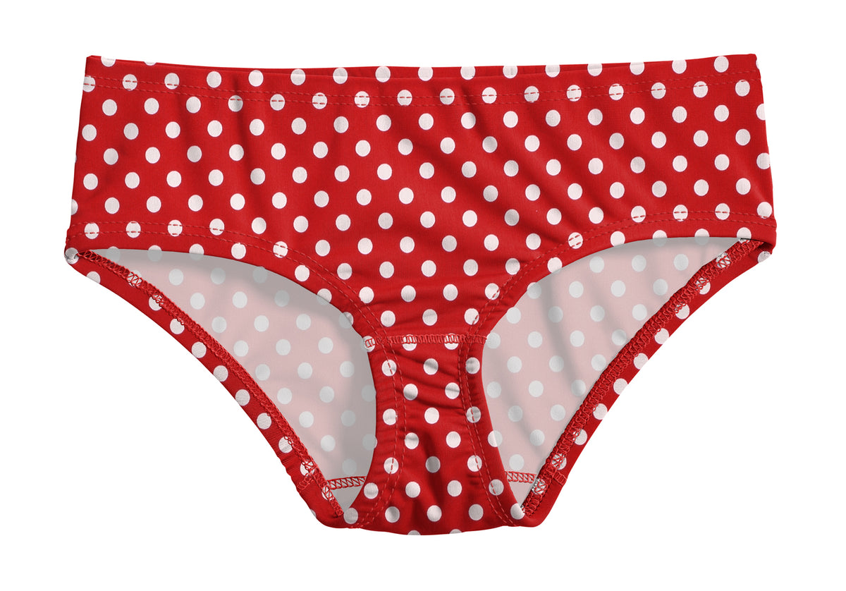 Girls UPF 50+ Printed Swim Briefs  | Red w- White Polka Dot