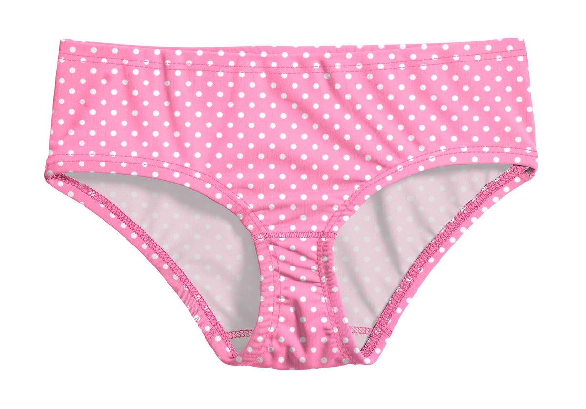 Girls UPF 50+ Printed Swim Briefs  | Pink w- White Polka Dot