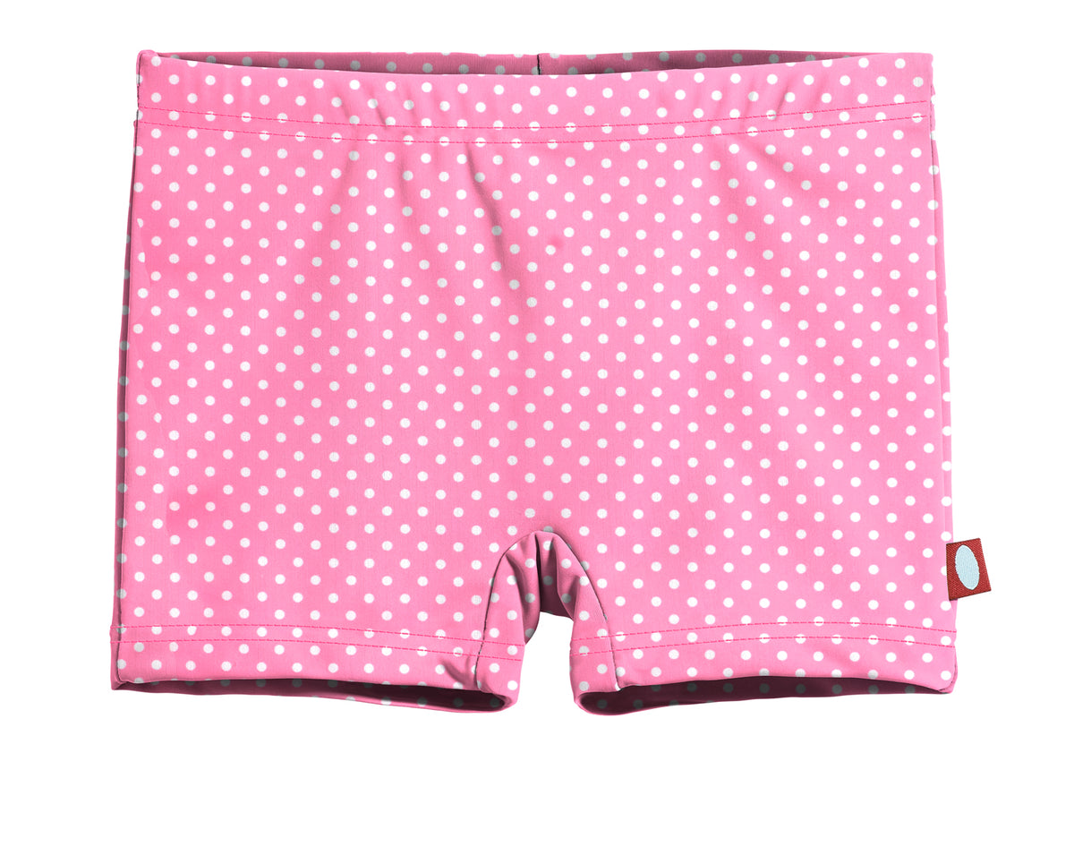 Girls UPF 50+ Printed Swim Boy Shorts  | Pink w- White Polka Dot