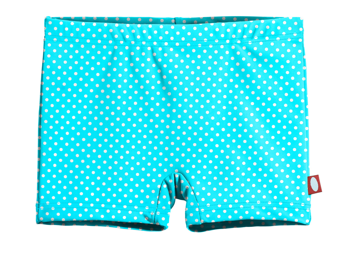 Girls UPF 50+ Printed Swim Boy Shorts  | Turquoise w- White Polka Dot