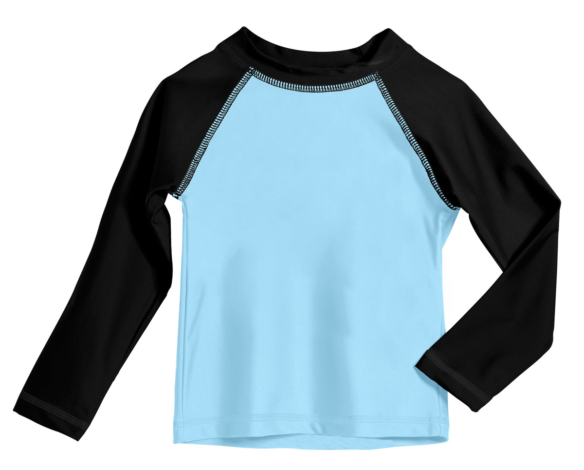 Boys UPF 50+ Color Block Solid Long Sleeve Rashguard | Bright Light Blue with Black