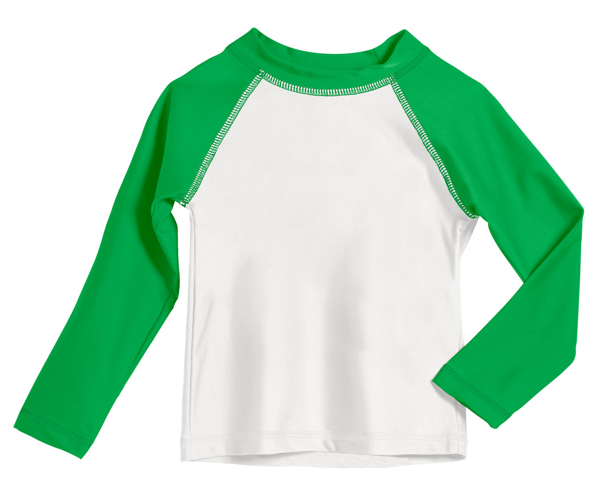 Boys UPF 50+ Color Block Solid Long Sleeve Rashguard | White with Elf Green