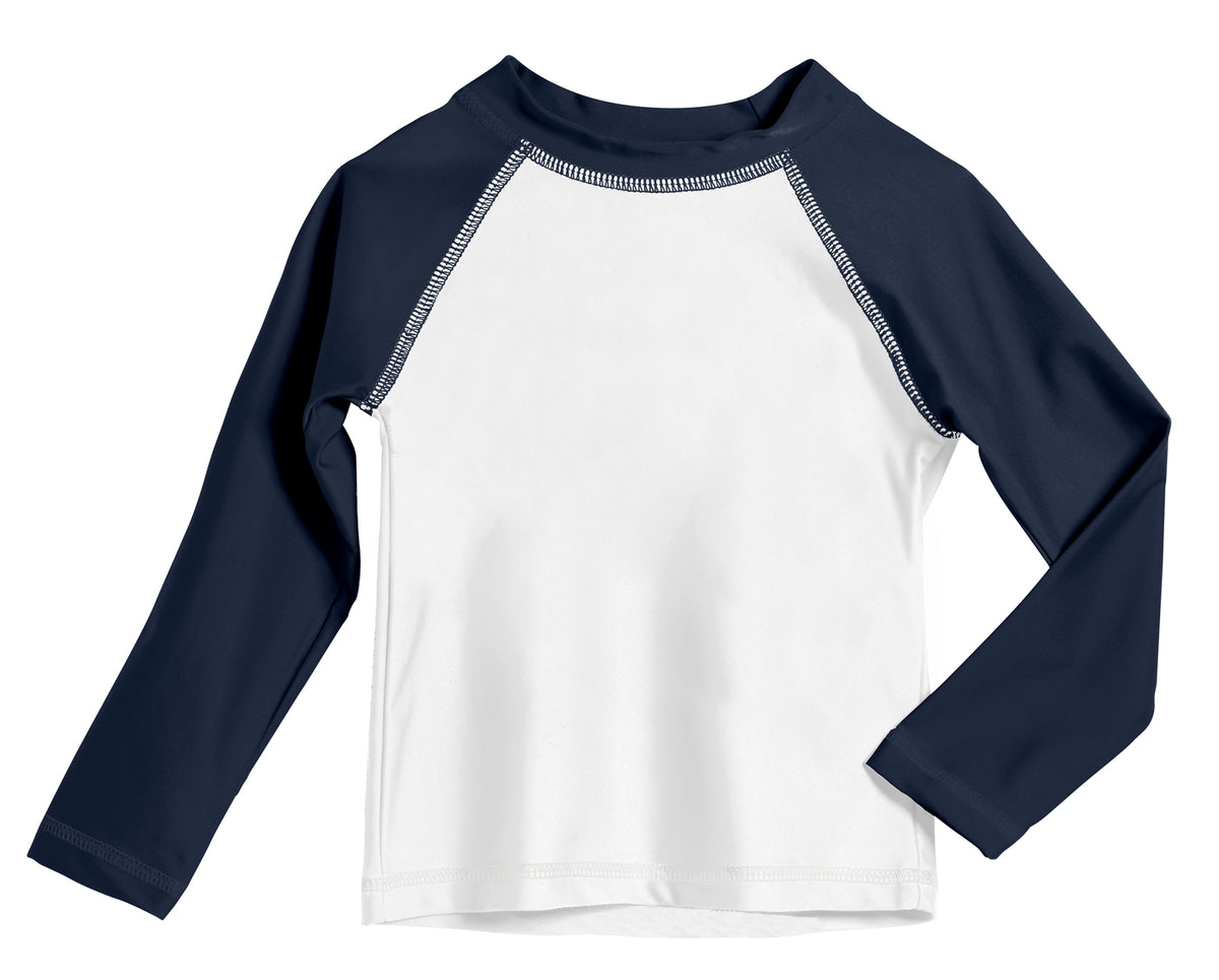 Boys UPF 50+ Color Block Solid Long Sleeve Rashguard | White with Navy