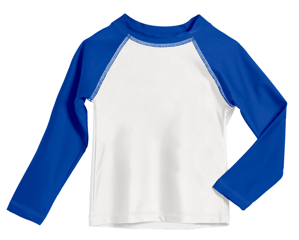 Boys UPF 50+ Color Block Solid Long Sleeve Rashguard | White with Royal