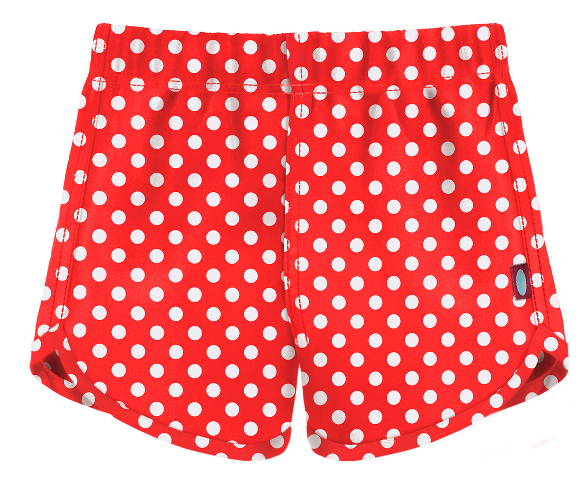 Girls UPF 50+ Recycled Poly Printed Swim Trunks | Pokadots Red