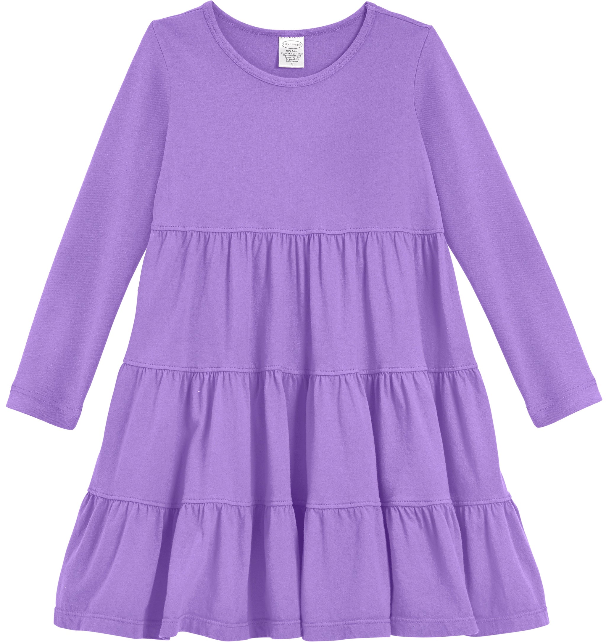 Girls Soft Cotton Jersey Long Sleeve Tiered Dress | Deep Purple - City Threads USA Girls Soft Cotton Jersey Long Sleeve Tiered Dress | Deep Purple - City Threads USA