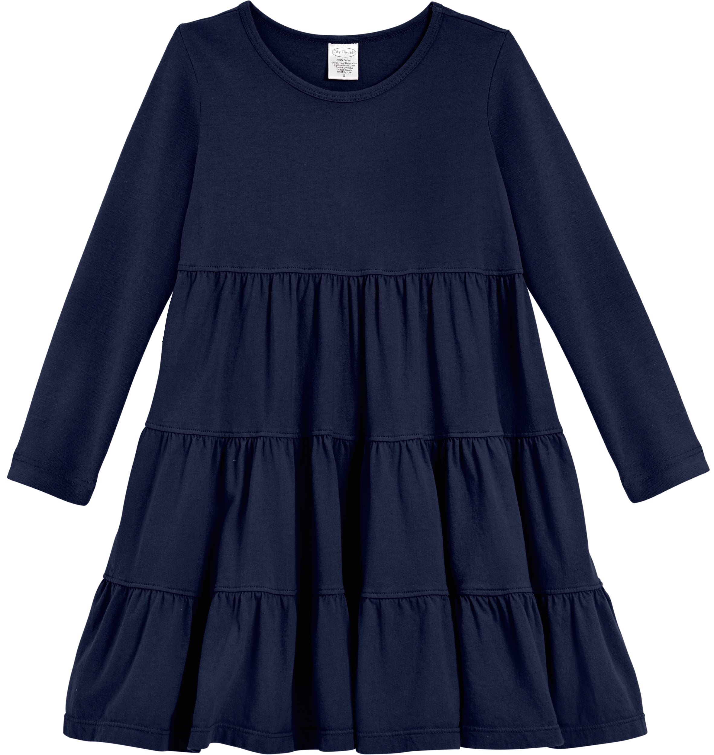 Girls Soft 100% Cotton Jersey Long Sleeve Tiered Dress | Navy