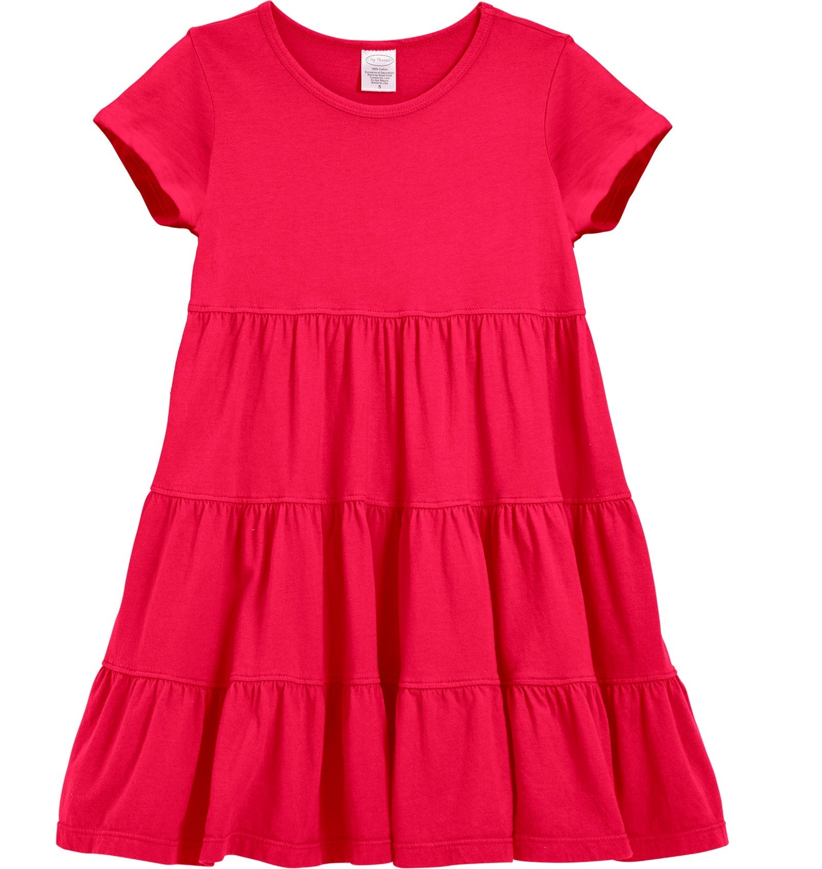 Girls Soft Cotton Jersey Short Sleeve Tiered Dress | Candy Apple / 18-24M