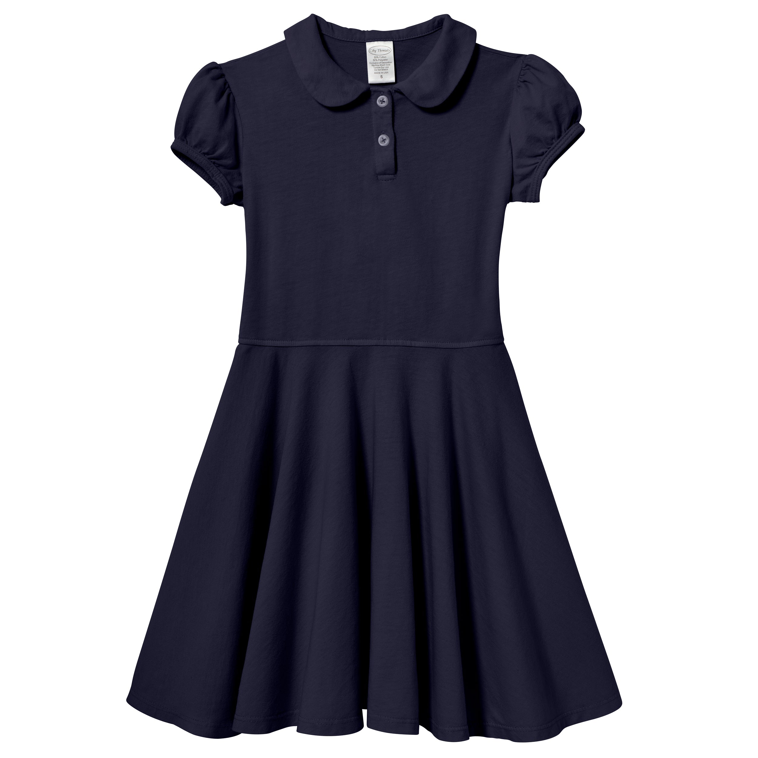 Soft Cotton Jersey S/S Peter Pan Polo Twirly Dress, Dark Navy / 10Y