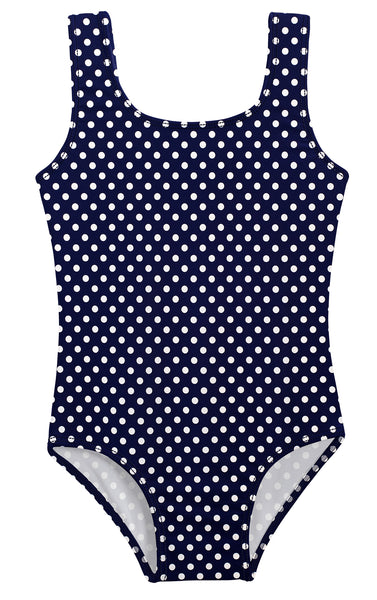 Girls UPF 50 One Piece Swimsuit Navy w White Polka Dot City Threads USA