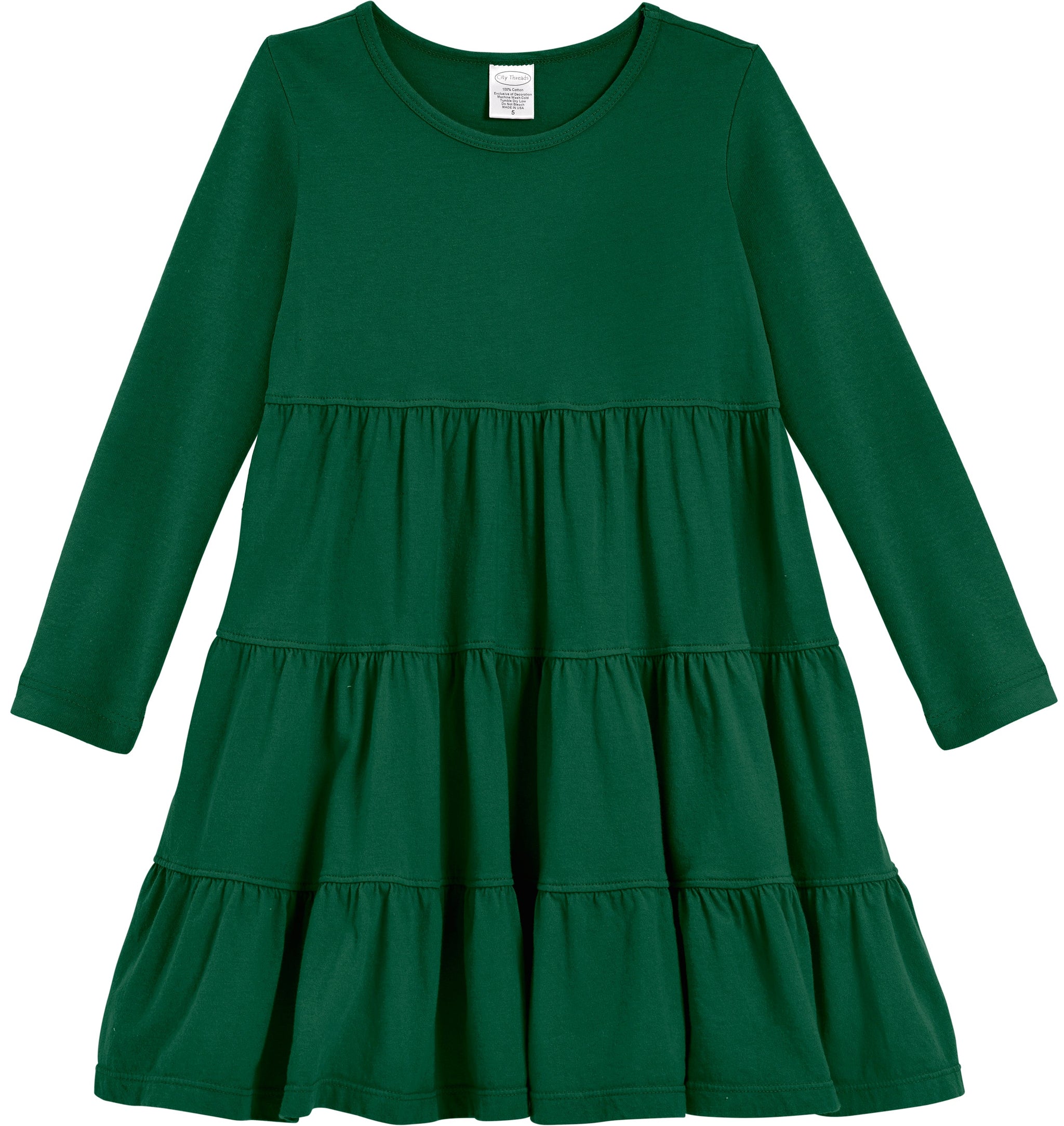 Girls Soft Cotton Jersey Long Sleeve Tiered Dress | Forest Green - City Threads USA Girls Soft Cotton Jersey Long Sleeve Tiered Dress | Forest Green - City Threads USA
