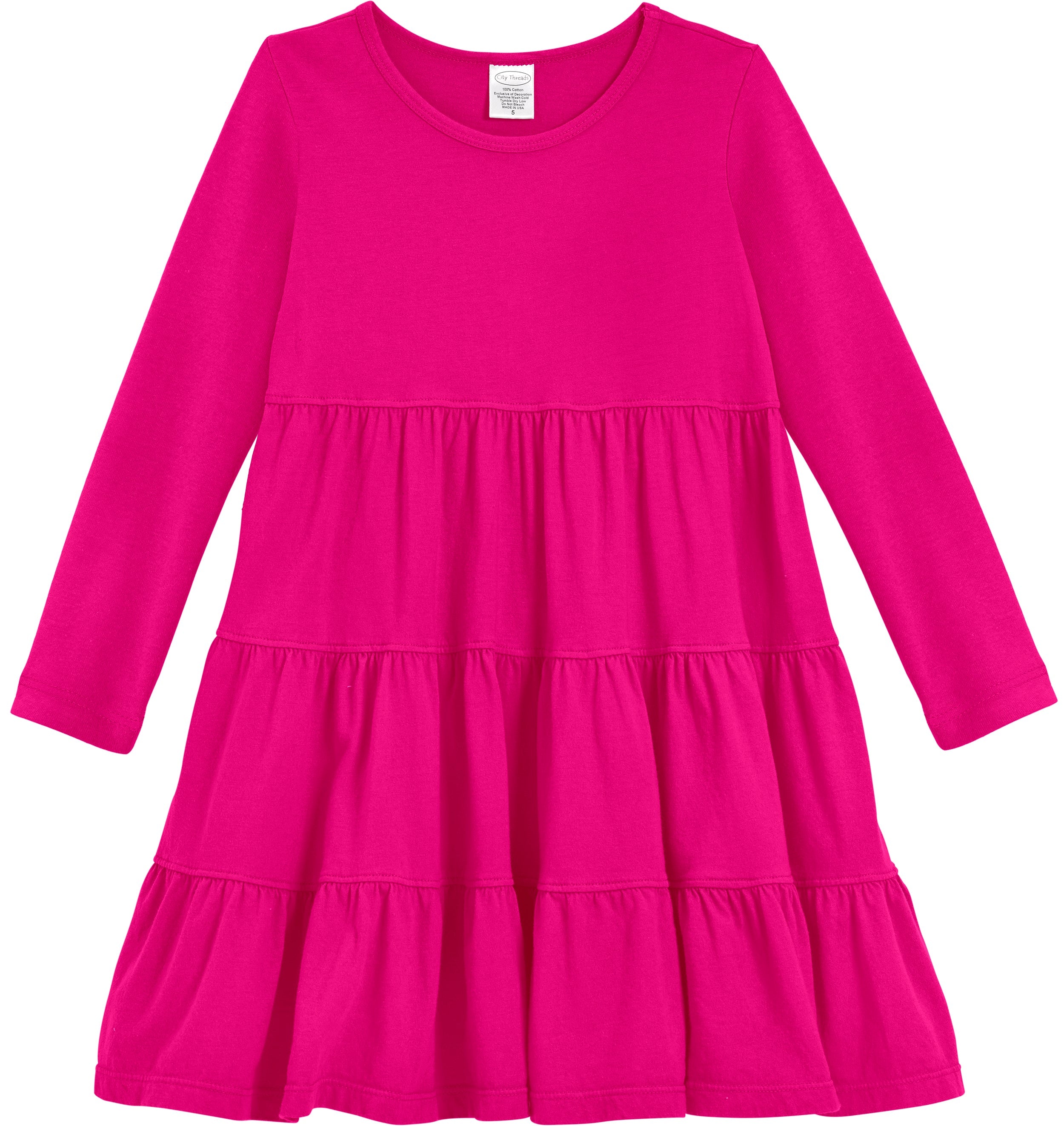 Girls Soft Cotton Jersey Long Sleeve Tiered Dress | Hot Pink - City Threads USA Girls Soft Cotton Jersey Long Sleeve Tiered Dress | Hot Pink - City Threads USA