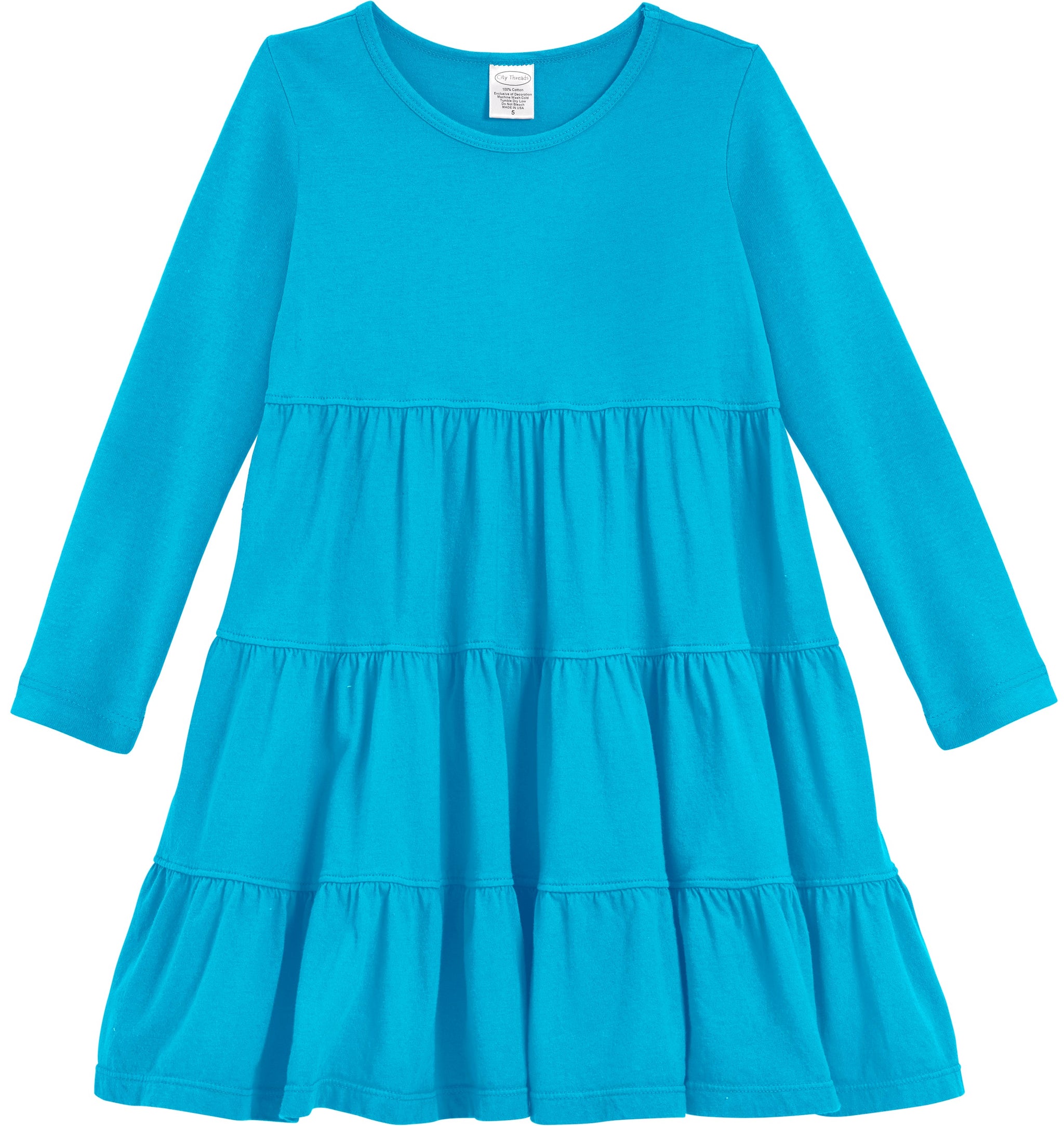 Girls Soft Cotton Jersey Long Sleeve Tiered Dress | Turquoise - City Threads USA Girls Soft Cotton Jersey Long Sleeve Tiered Dress | Turquoise - City Threads USA
