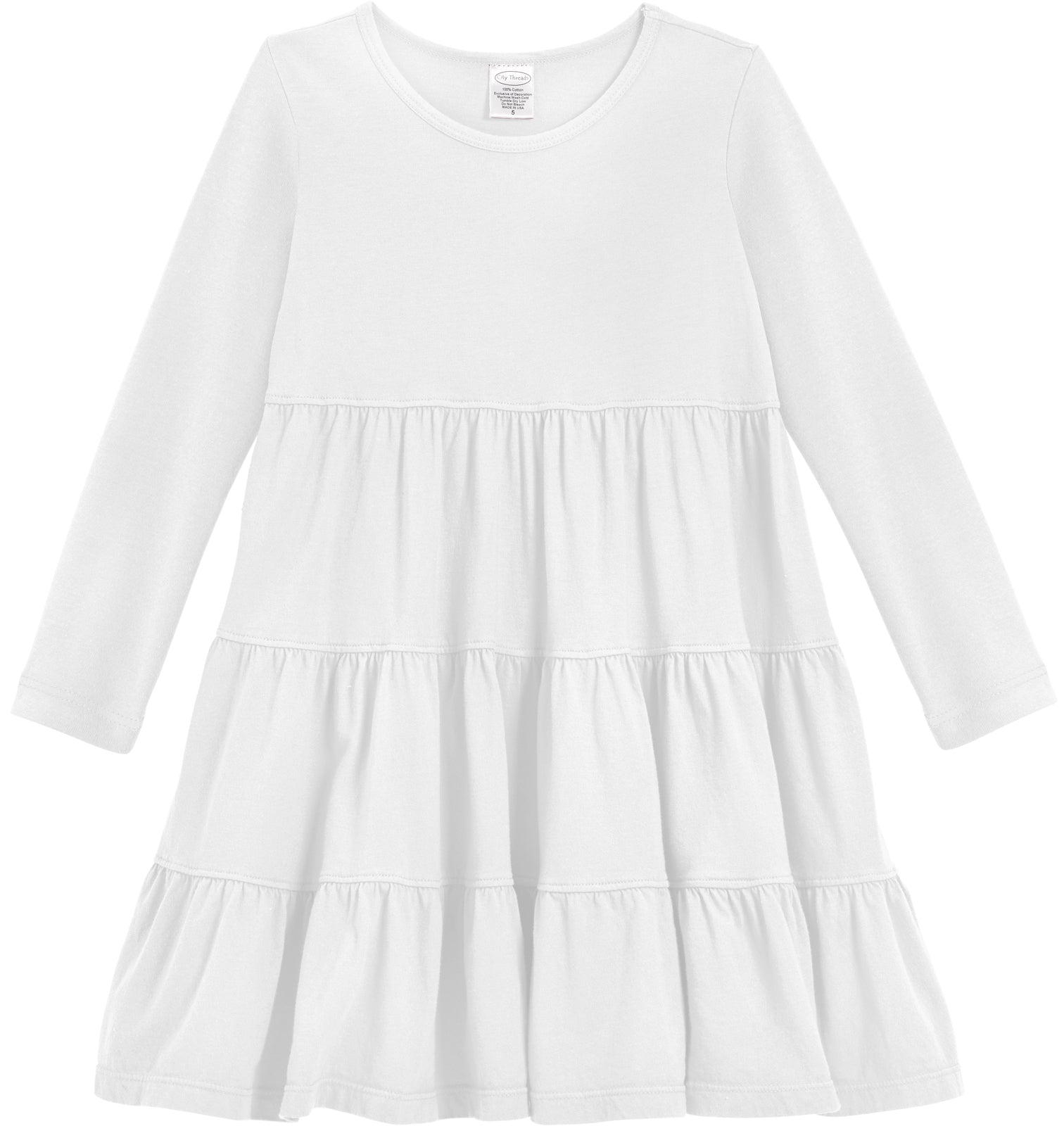 Girls Soft Cotton Jersey Long Sleeve Tiered Dress | White - City Threads USA Girls Soft Cotton Jersey Long Sleeve Tiered Dress | White - City Threads USA