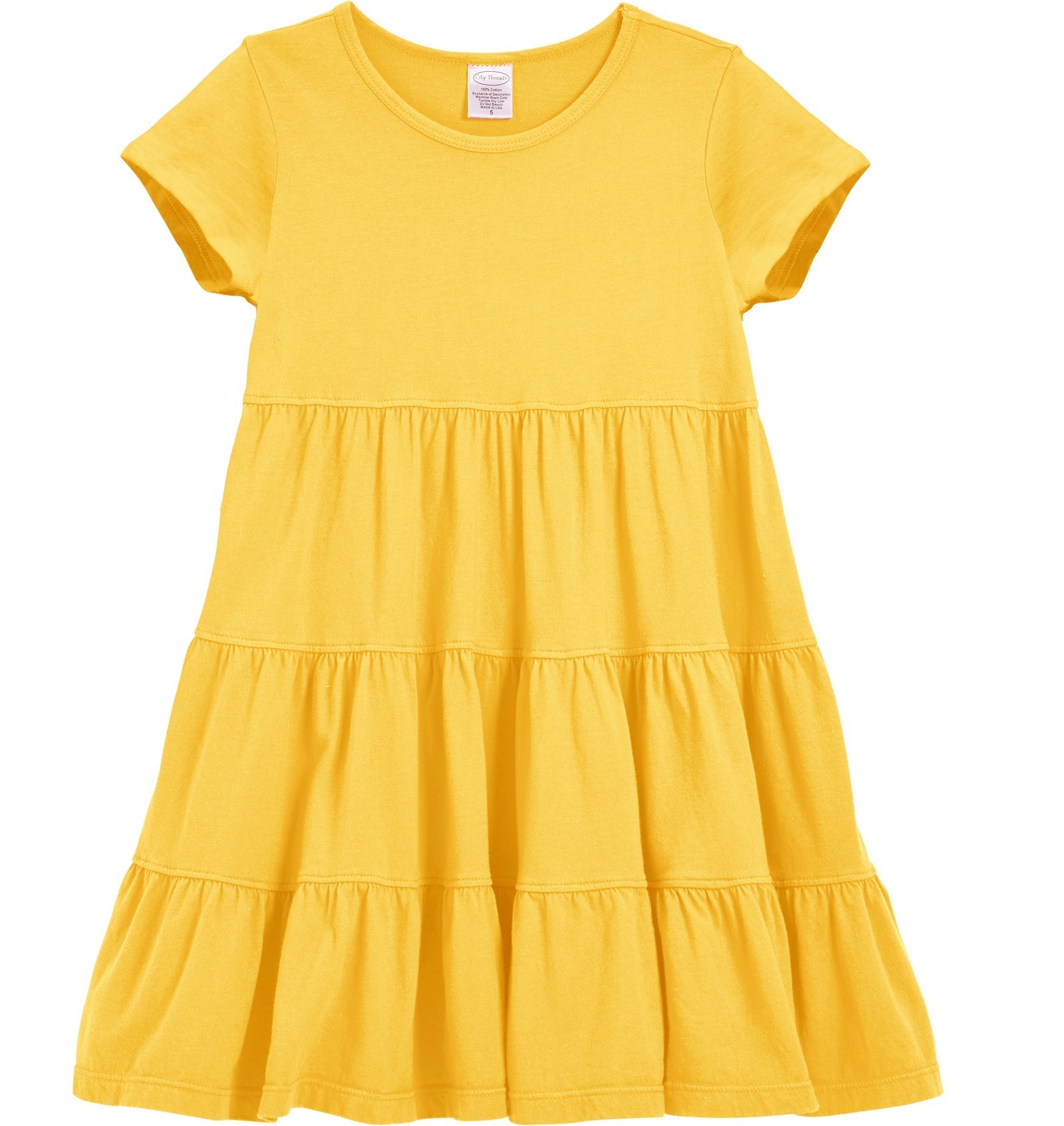 Girls Soft Cotton Jersey Short Sleeve Tiered Dress | Yellow / 12-18M | City Threads Girls Soft Cotton Jersey Short Sleeve Tiered Dress | Yellow / 12-18M | City Threads