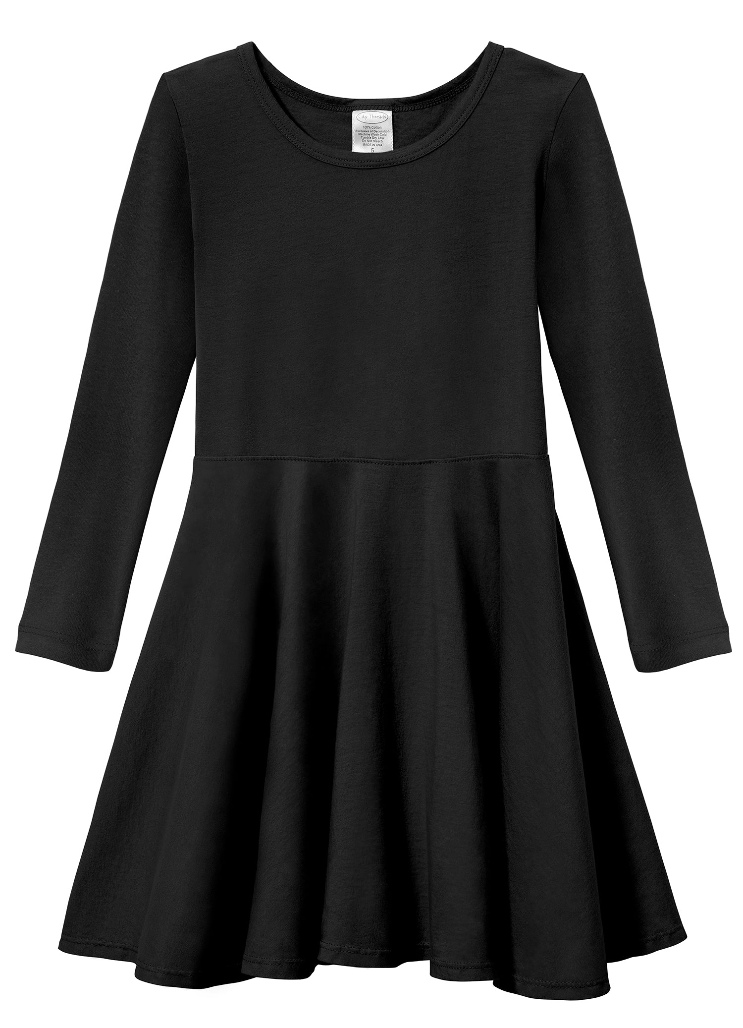 Girls Soft Cotton Jersey Long Sleeve Twirly Dress | Black - Super Comfy Kids Clothing, 100% Cotton, Sensory Friendly, 3T / Black