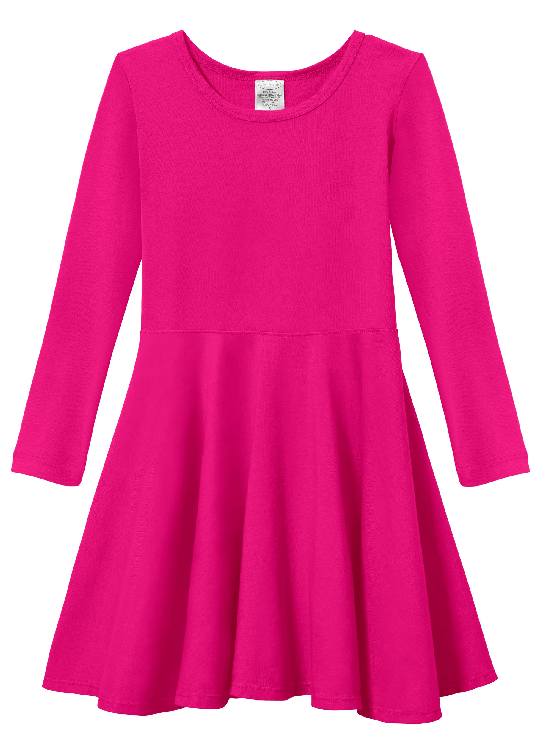 City Threads USA-Made Girls Soft Cotton Jersey Long Sleeve Twirly Skater Dress | Hot Pink - 12/18M