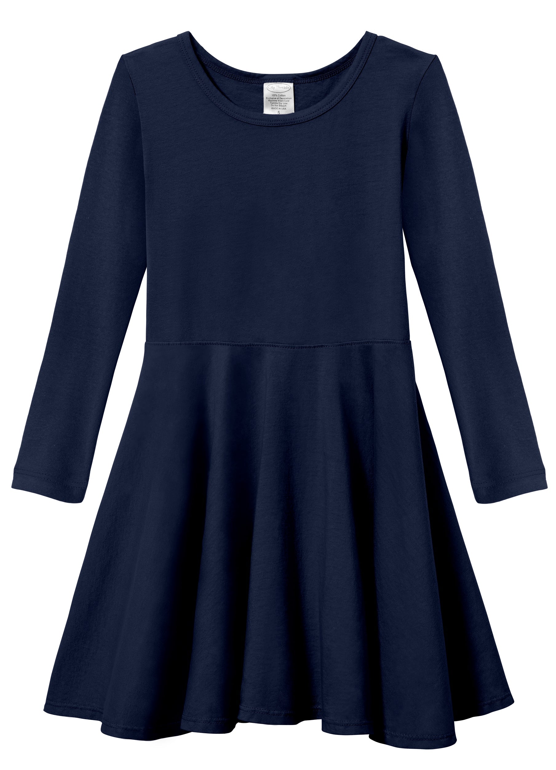 Girls Soft Cotton Jersey Long Sleeve Twirly Dress | Navy - Super Comfy Kids Clothing, 100% Cotton, Sensory Friendly, 6Y / Navy