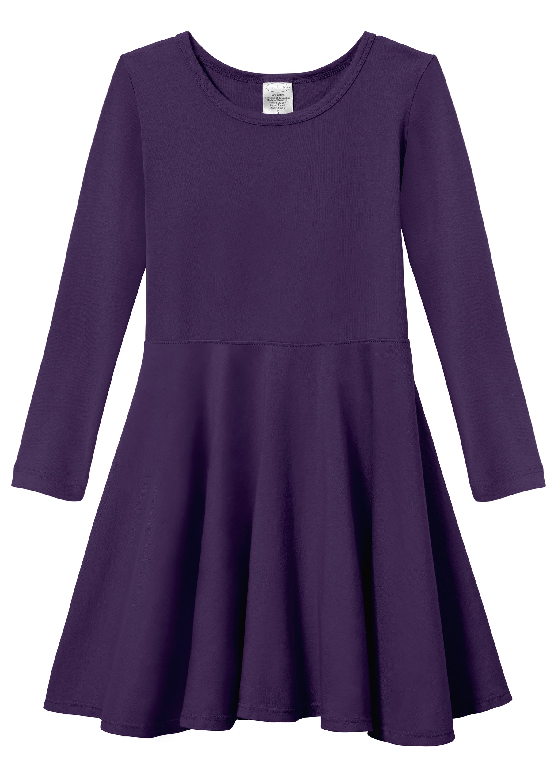 Girls Soft Cotton Jersey Long Sleeve Twirly Dress | Purple-Super Comfy Kids Clothing, Soft Cotton Blend, Sensory Friendly, 4T / Purple