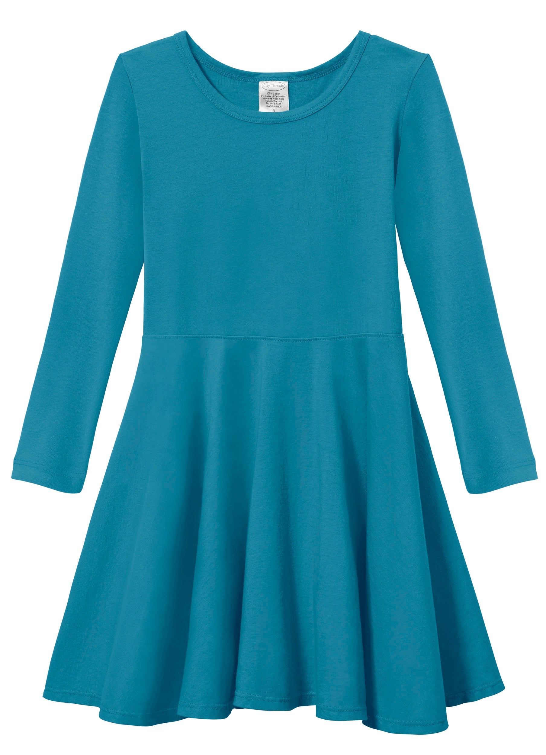 Girls Soft Cotton Jersey Long Sleeve Twirly Dress | Teal - Super Comfy Kids Clothing, 100% Cotton, Sensory Friendly, 6Y / Teal